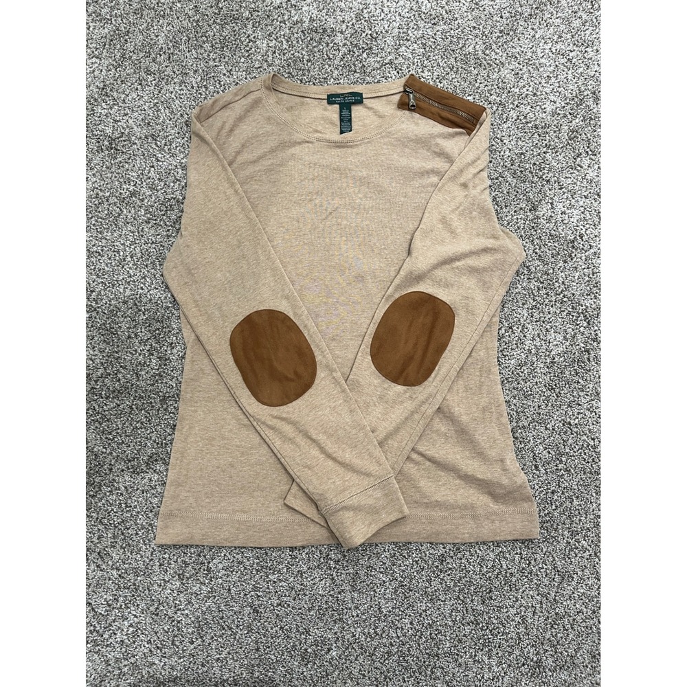 Lauren Ralph Lauren Tan Long Sleeve Top Elbow Patches Zipper Shoulder Large